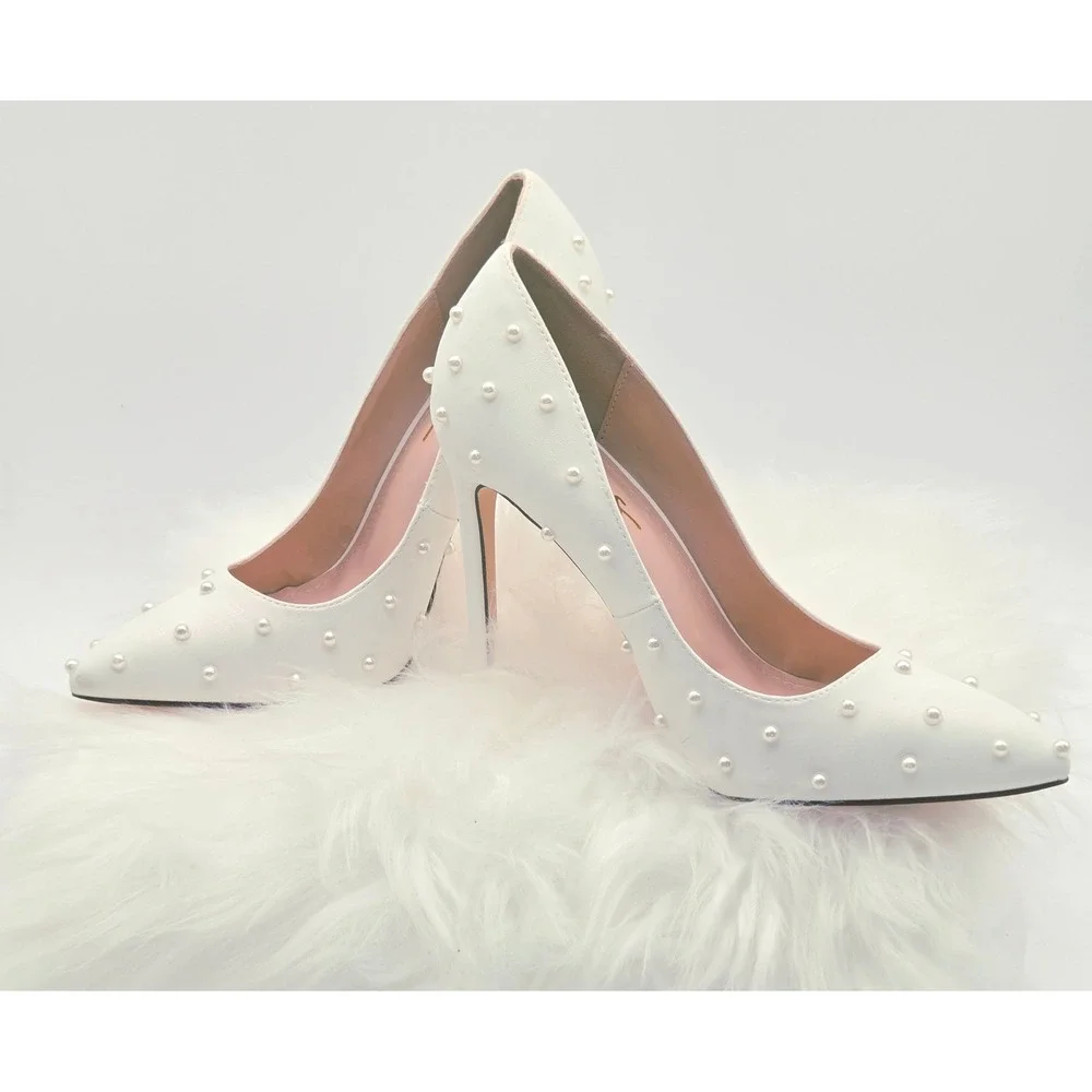Lulus Pearl Pumps Womens 8 White Excellent Pointed Toe Stiletto Feminine Heels